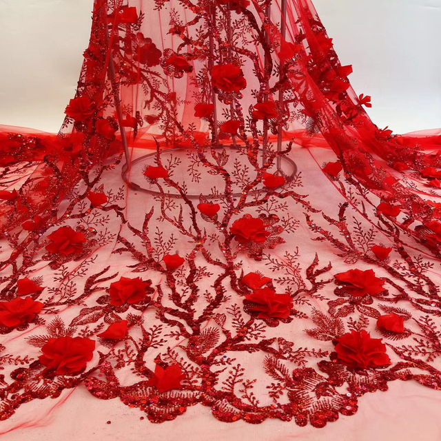 Bead Lace 2024 Mesh 3d Embroidered Applique Flower Embroidery Tulle Fabric