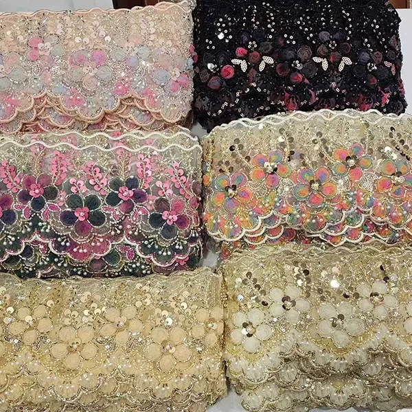 Wielokolorowa haftowana koronka z siateczką 3D w kwiaty, wstążka z koralikami, haftowana koronka z kodem kreskowym